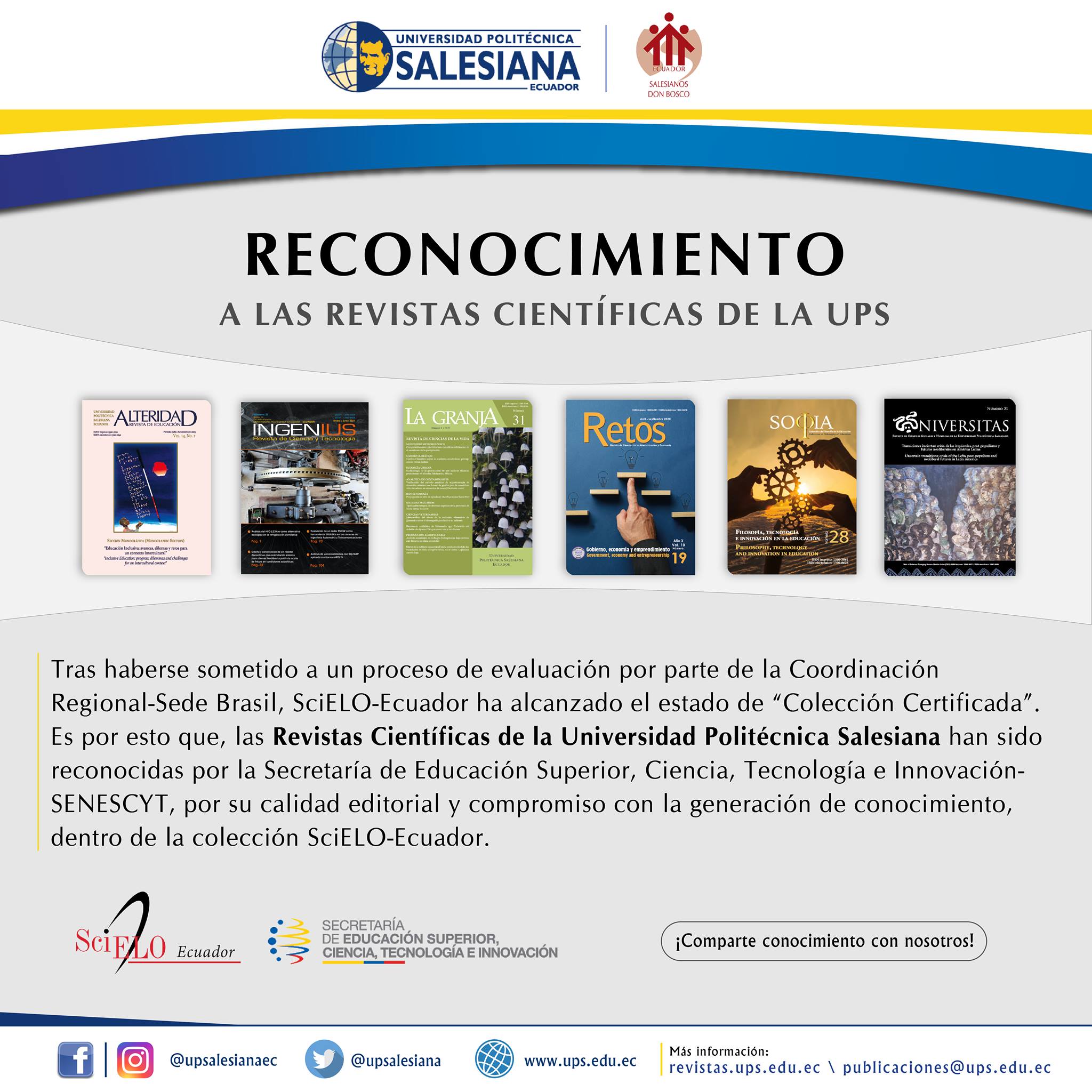 LAS REVISTAS CIENTÍFICAS DE LA UNIVERSIDAD POLITÉNICA SALESIANA SON RECONOCIDAS POR LA SENESCYT